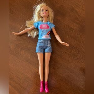 Fashion Doll with Blue rainbow Top and Pink Boots EUC